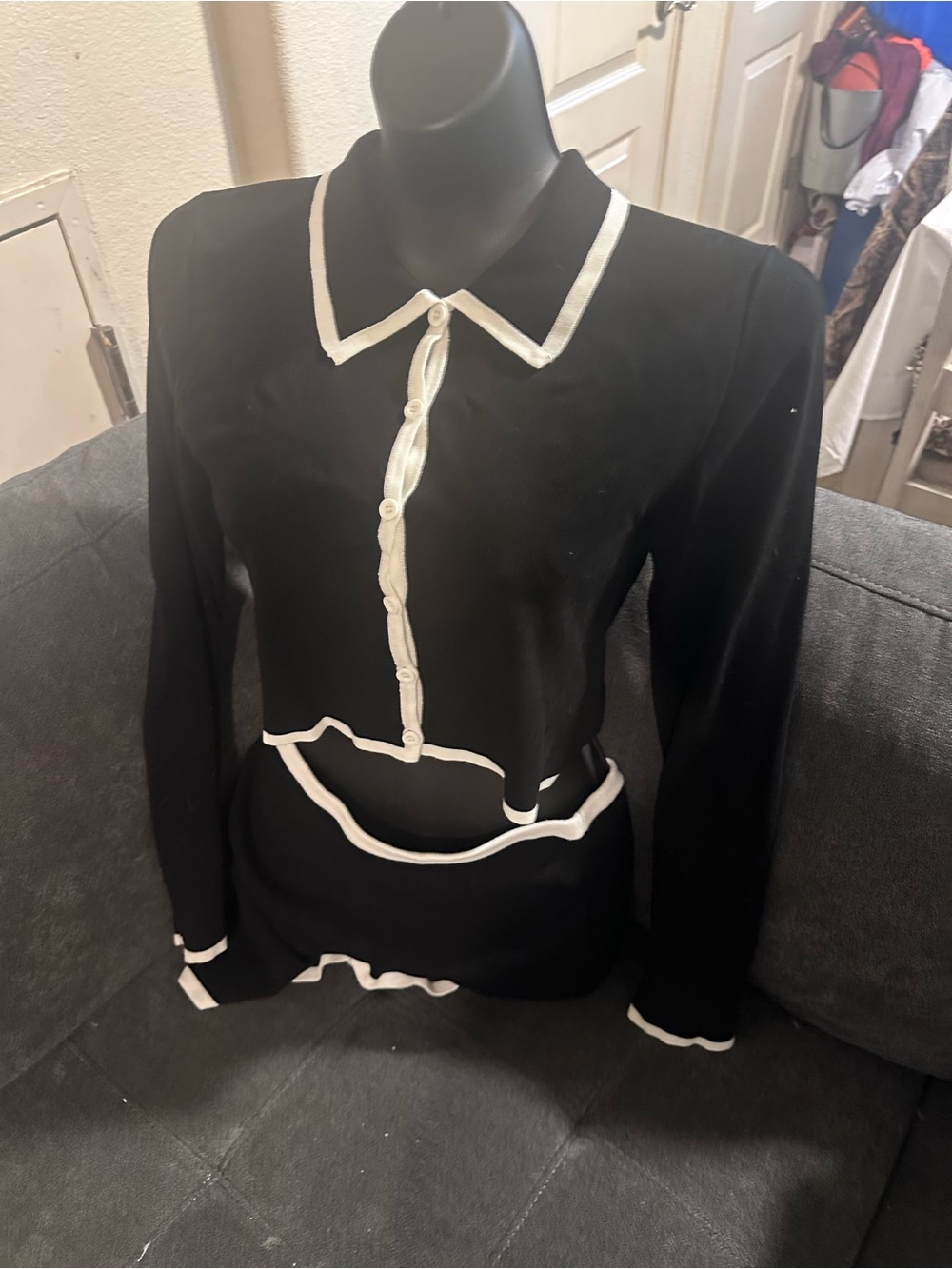 Black Knit set with White Trim
